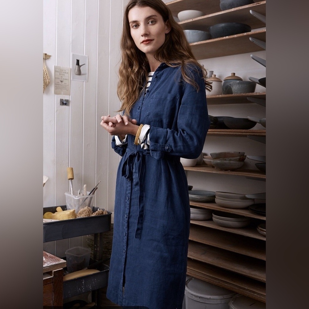 SEASALT CORNWALL Cornish Fairing Linen Denim Blue Button up Shirt Dress Size 20